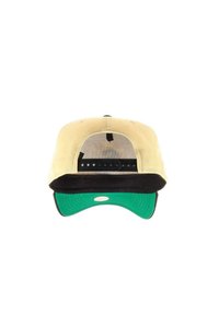 Khaki baseball cap with a black underside and a green peak. Features a mesh back and an adjustable snap closure.