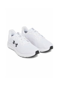 White athletic shoes with mesh upper, black accents, round toe, and textured rubber sole. Laces and branding on tongue.