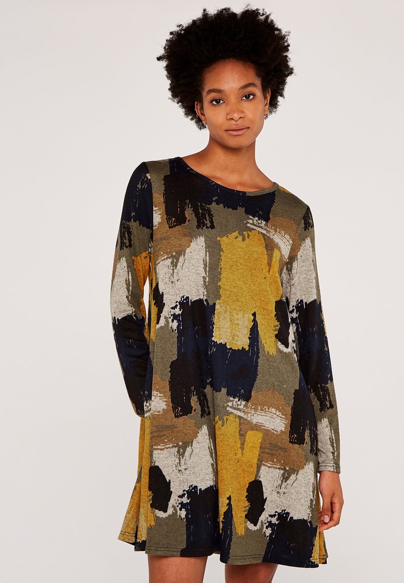 Langarmkleid aus strukturiertem Stoff mit einem abstrakten Muster in Gelb, Marineblau, Grün und Schwarz. Lässiger Schnitt.