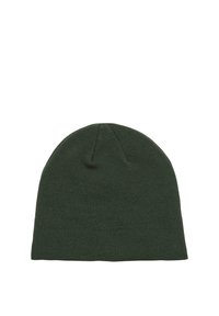 Dark green beanie hat made of soft knitted material, featuring a rounded top and no visible embellishments or patterns.