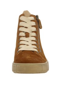 Brown suede high-top sneaker with cream laces, side zipper, textured rubber sole, and a stitched design along the edges.