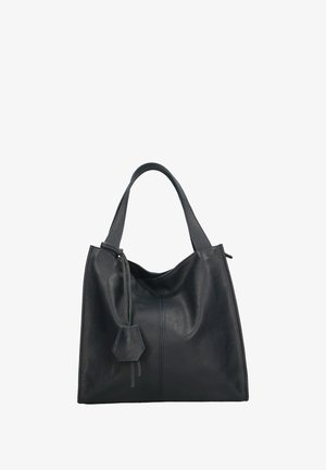 Black leather tote bag with a textured finish, featuring a slouchy design, dual handle, and a small geometric tag attached.
