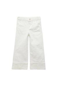 Pantalones de algodón blancos de pierna ancha con cierre de botón, cuatro bolsillos y dobladillos ajustados. Textura suave y diseño informal adecuado para diversas ocasiones.