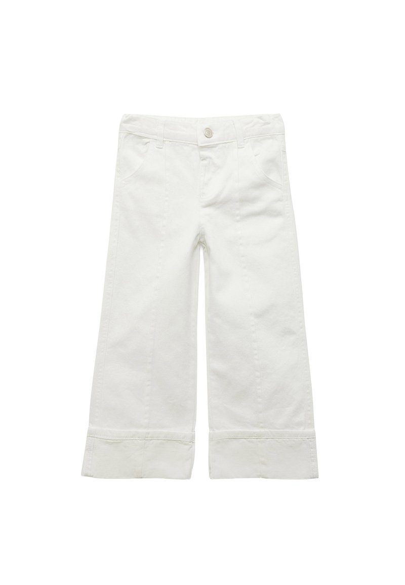 Pantalones de algodón blancos de pierna ancha con cierre de botón, cuatro bolsillos y dobladillos ajustados. Textura suave y diseño informal adecuado para diversas ocasiones.