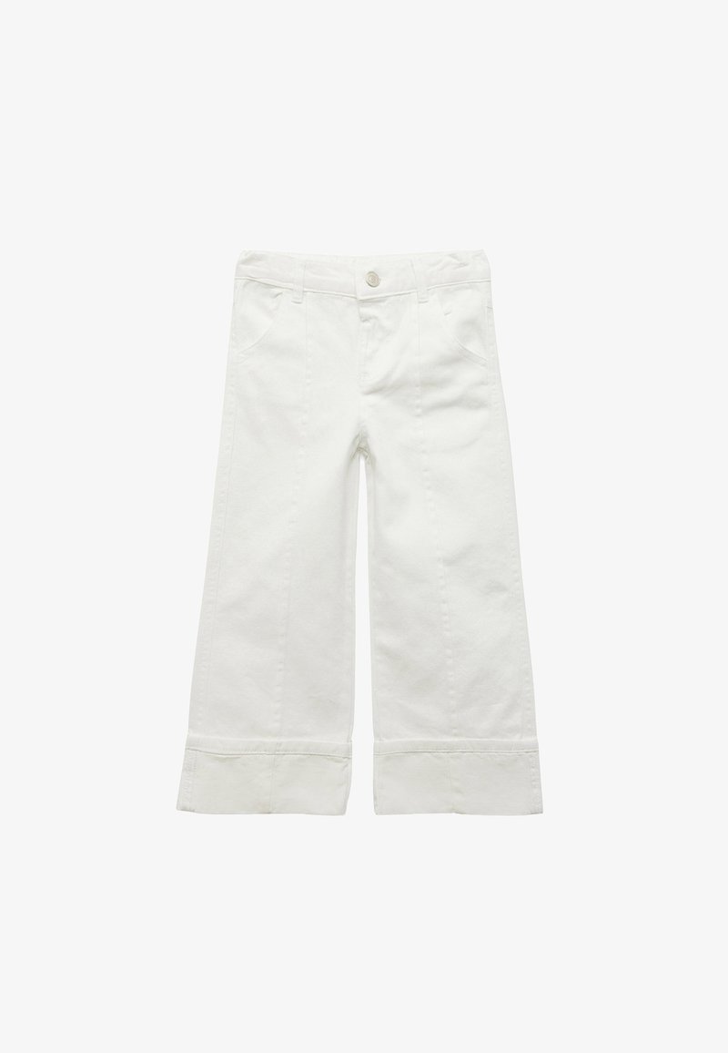 Hvide bomuldsbukser med vidde, knaplukning, fire lommer og manchetter. Glat tekstur og afslappet design, der er egnet til forskellige anledninger.