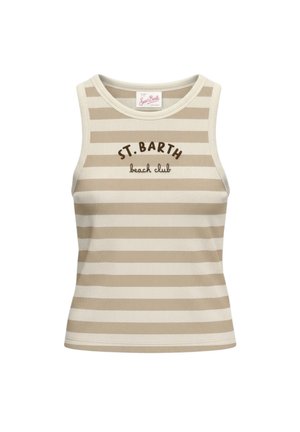 Top corto senza maniche a righe beige e bianche con la scritta "ST. BARTH beach club" sul davanti.