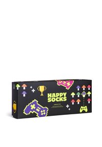Boîte rectangulaire noire pour Happy Socks avec des motifs de jeu pixelisés : manettes, champignons et un trophée, dans des couleurs vives.