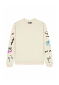 Krátky sveter s okrúhlym výstrihom v krémovej farbe, vyrobený z bavlny. Obsahuje grafické potlače na rukávoch, vrátane textu a ilustrácií v rôznych farbách.