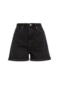 Shorts en denim noir taille haute avec ourlets retroussés, fermeture avant par boutons, passants pour ceinture et poches avant.