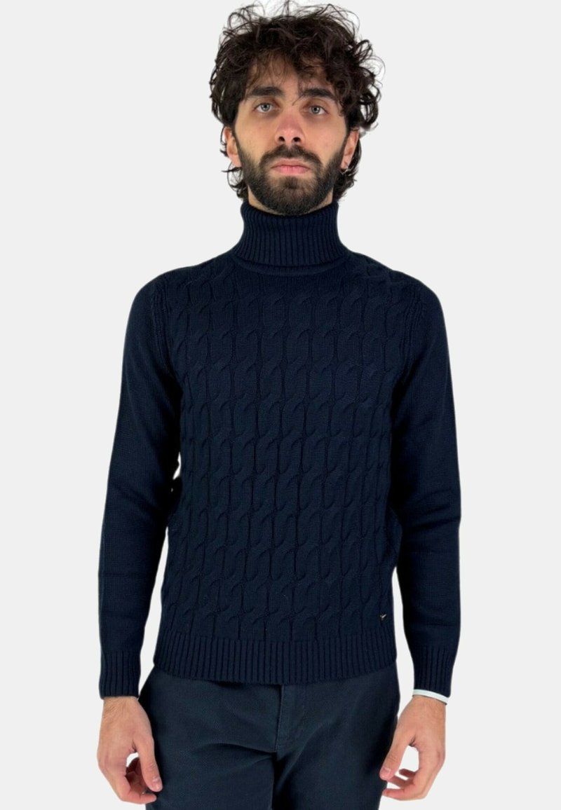 Maglione a collo alto blu navy con motivo a maglia testurizzato, polsini e orlo a coste, caratterizzato da una silhouette aderente e maniche lunghe.