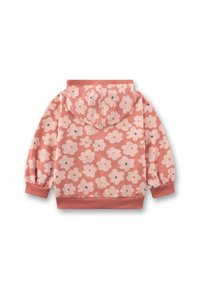 Hellrosa Kapuzenpullover mit floralem Muster in dunklerem Rosa und Marineblau. Mit Kapuze, elastischen Bündchen und lockerer Passform. Weicher Stoff.