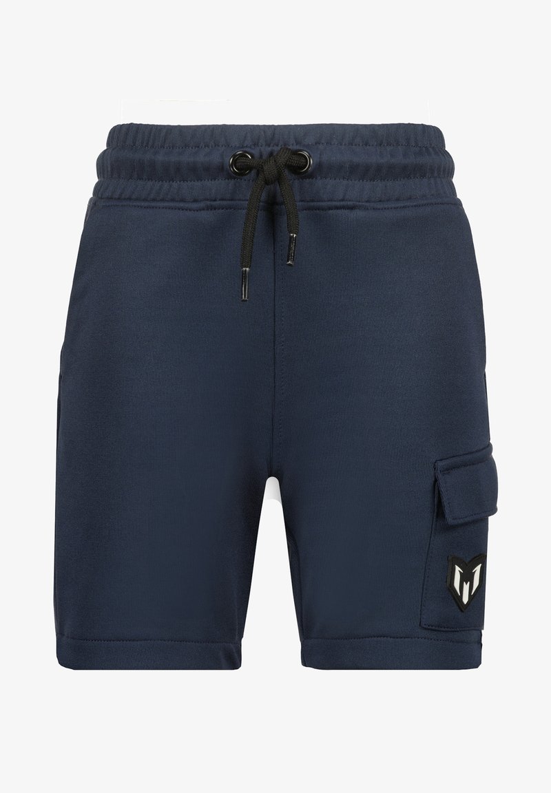 Shorts de sport bleu marine avec taille élastique, cordon noir, poche cargo latérale et petit écusson logo noir et blanc.