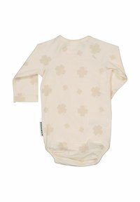 Långärmad bodysuit i grädde med ett ljusbeige blommönster, tillverkad av mjukt tyg, med rund halsringning och tryckknappar i botten.