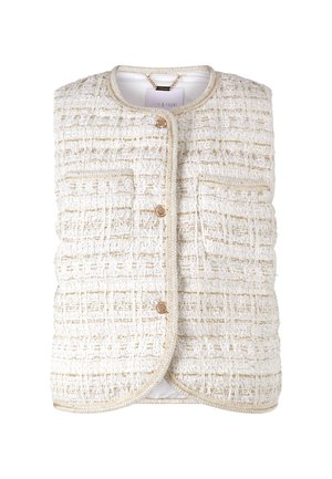 Gilet texturé tissé en crème avec des accents dorés, présentant un col rond, des boutons sur le devant et un détail de poche discret.