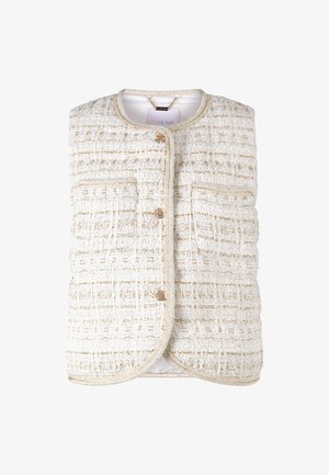 Woven textured vest in cream with gold accents, featuring a round neck, front buttons, and a discreet pocket detail.