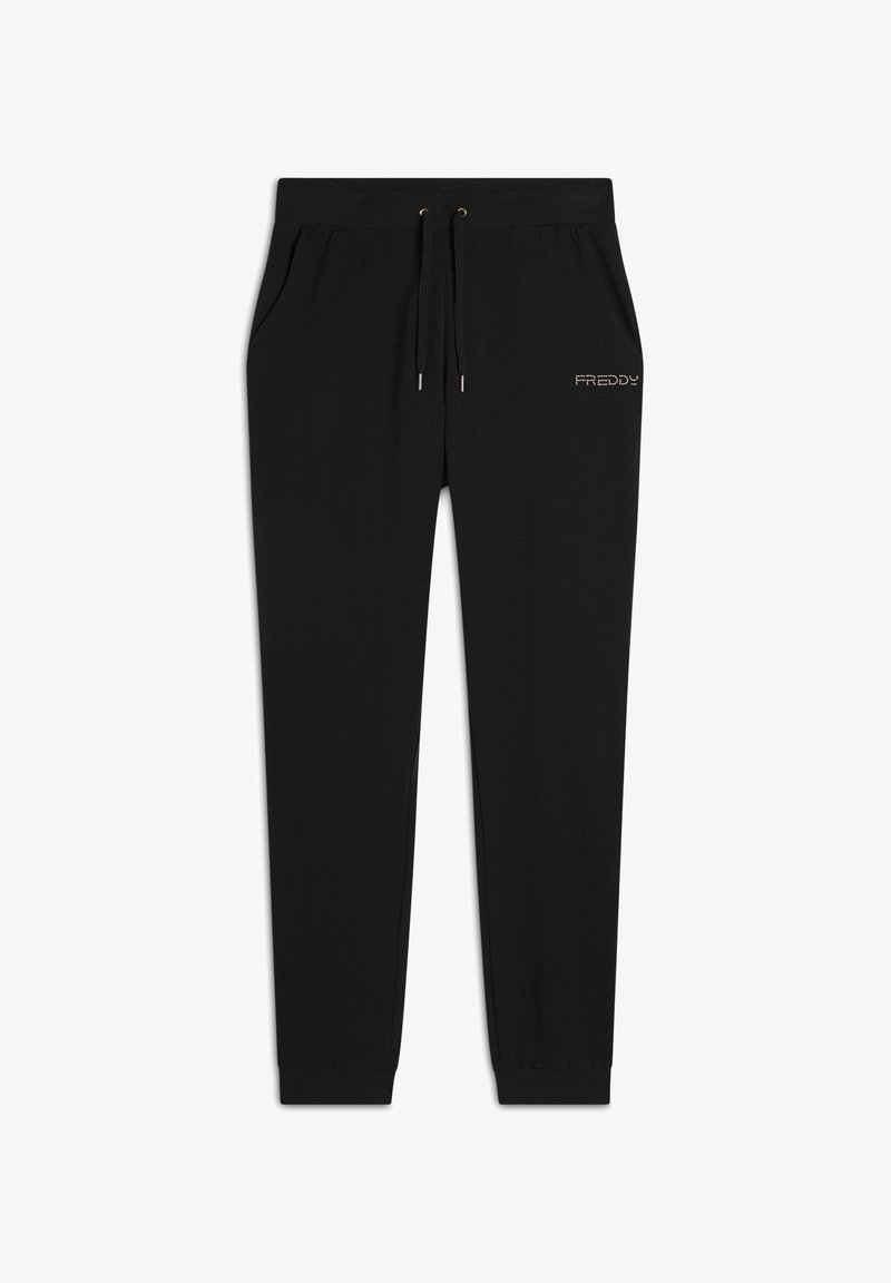Pantalons de jogging noirs en tissu doux, dotés d'une taille élastique avec cordon de serrage, de poches latérales et d'un petit accent logo métallique.