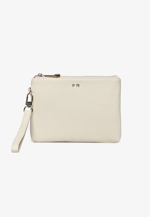 Pochette bracelet en cuir blanc cassé avec fermeture éclair, bandoulière détachable et petit logo métallique "V 73" au centre devant.