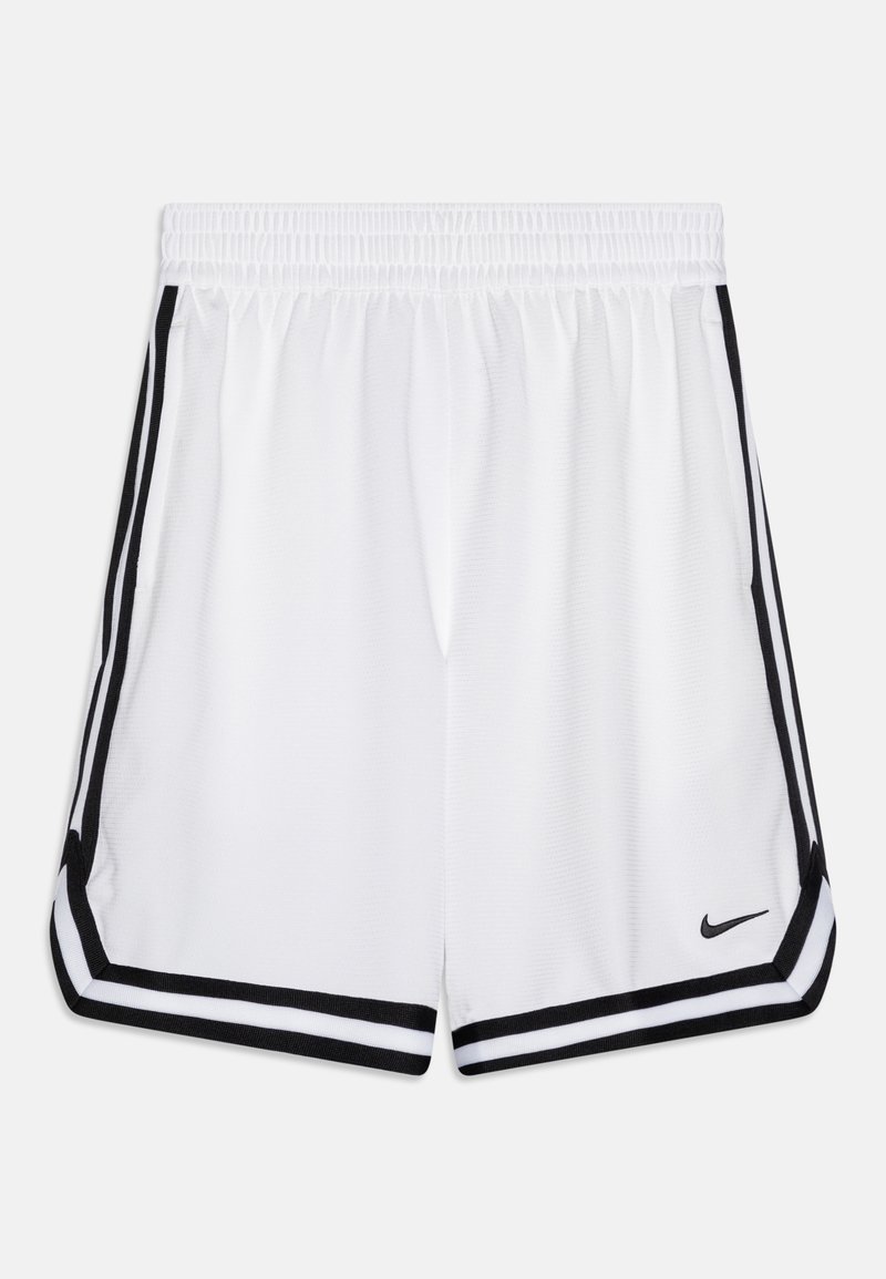 Shorts de sport blancs avec des rayures noires sur les côtés, taille élastique, en tissu léger, arborant un petit logo noir sur le bas à droite.