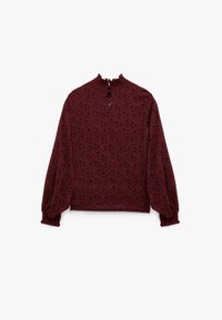 Maglione bordeaux a maniche lunghe con colletto alto, motivo a foglia testurizzato e chiusura con bottoni sul retro. Realizzato con una vestibilità ampia.