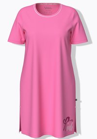 Vaaleanpunainen lyhythihainen mekko pyöreällä pääntiellä, sivuhalkioilla ja "Pretty Pink" -teksti helmassa. Valmistettu pehmeästä materiaalista.