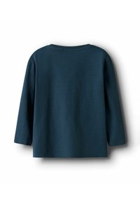 Marineblauw lange mouw katoenen shirt met een ronde hals en een ontspannen pasvorm, met een gladde textuur en eenvoudig ontwerp.