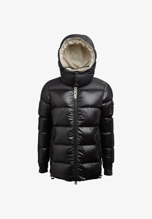 Jacket puffer negru cu un exterior lucios, căptușeală interioară albă, guler înalt cu glugă și fermoar frontal. Prezintă un model matlasat orizontal.