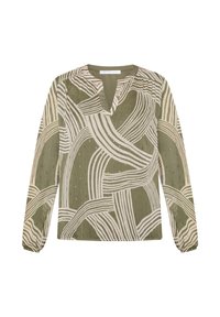 Langärmlige Bluse in Olivgrün mit weißen abstrakten Mustern und goldenen Akzenten. Verfügt über einen V-Ausschnitt und elastische Manschetten für mehr Komfort.
