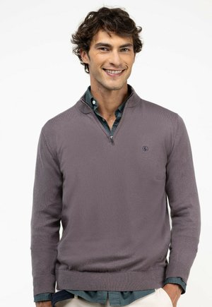Hombre sonriente con cabello rizado y castaño que lleva un suéter gris tipo pulóver sobre una camisa de cuello verde oscuro sobre fondo blanco.