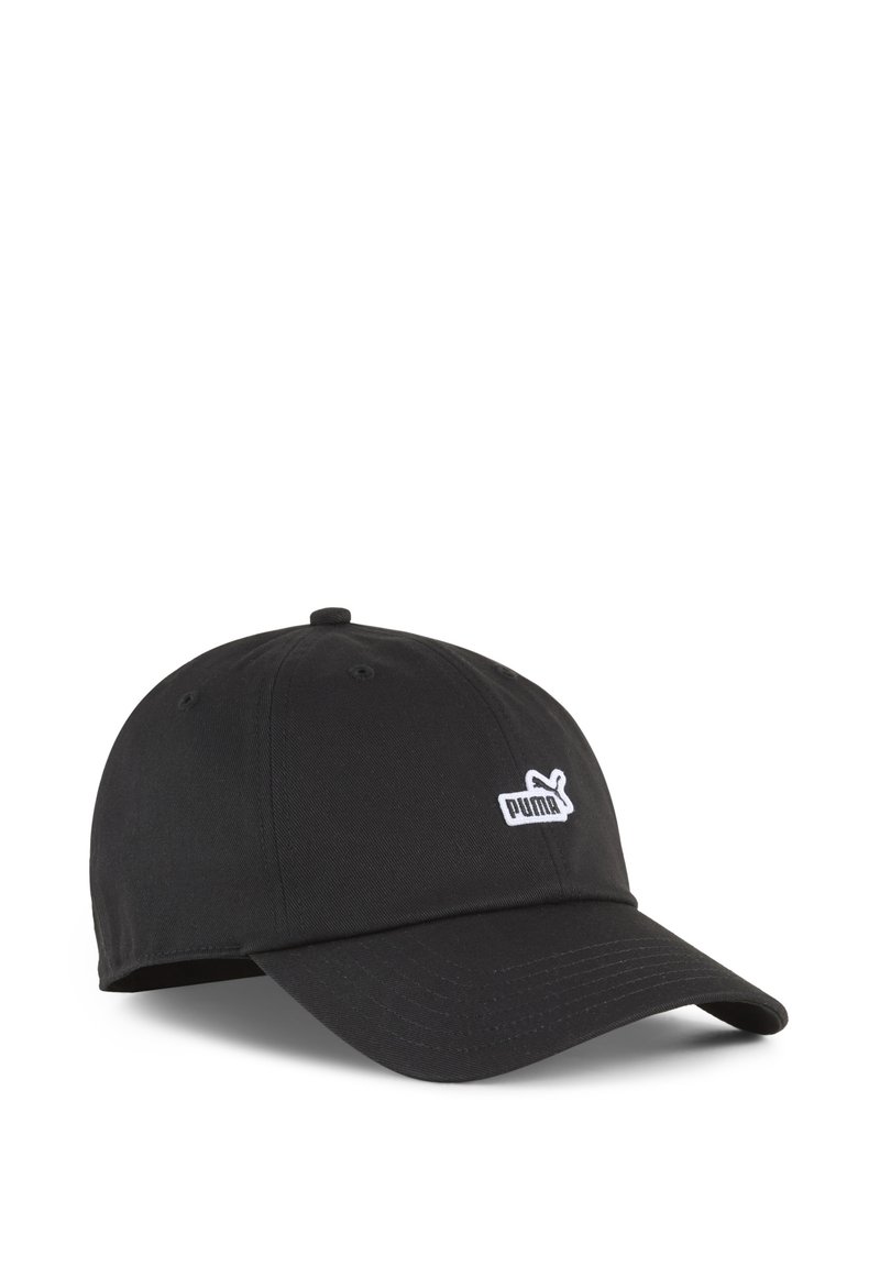 Casquette de baseball noire en tissu, avec une visière courbée et un logo Puma brodé en blanc sur le devant. Design classique avec une sangle ajustable.