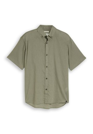 Kortärmelig olijfgroene blouse met knopen, een button-downkraag en een afgeronde zoom.
