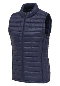 Mörkblå pufferväst med hög krage, vertikala sömmar, frontdragkedja och två sidofickor. Lätt och isolerad design.