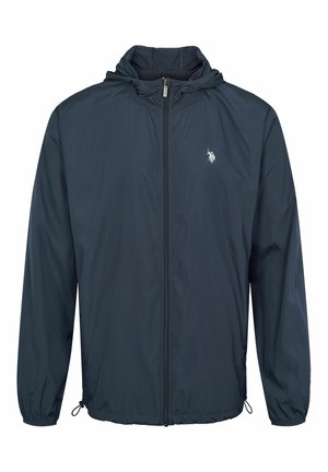 Hooded windbreaker jacket in dark navy, lightweight nylon material, features a full zip, elastic cuffs, and a small logo on the chest.