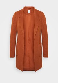 Rust orange, long-sleeve coat made of soft fabric with two front pockets and a notched lapel; fully lined interior.