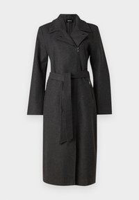 Mørkegrå uldblandingsfrakke med krave, lynlåslukning og et aftageligt bælte. Har to lynlåslukket sidelommer og lange ærmer.