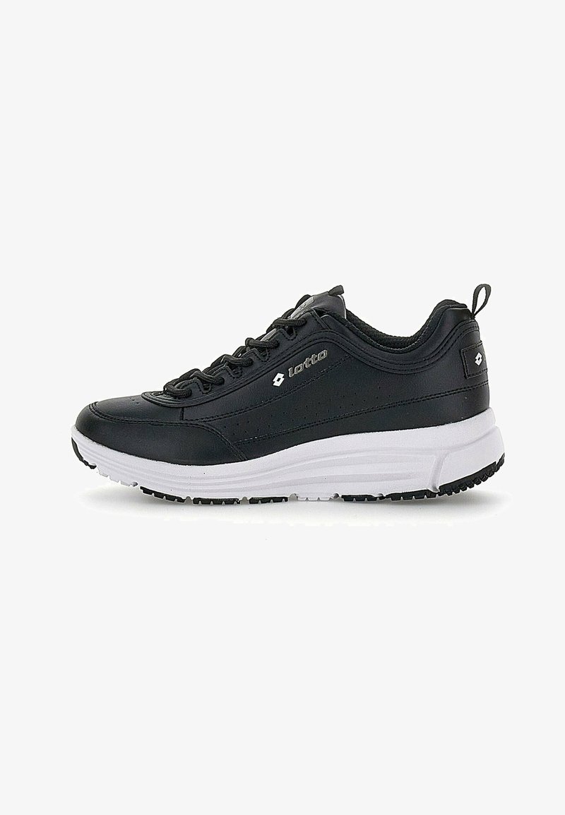 Black athletic shoes with a smooth synthetic upper, white midsole, textured outsole, and lace-up design. Features logo on outer side.