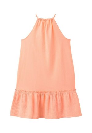 Robe corail sans manches avec encolure américaine, tissu froncé au niveau du cou et ourlet volanté en bas.