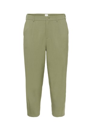 Pantalons effilés vert olive avec passants de ceinture, fermeture à bouton, poches avant et une longueur légèrement raccourcie.