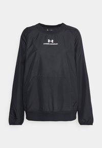 Černý svetr od značky Under Armour, s kulatým výstřihem, elastickými manžetami a přední kapsou. Materiál je hladký s lehkou texturou.
