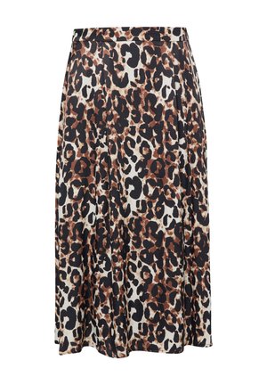 Leopard print skirt in shades of brown and black on a cream background, featuring a straight cut and soft fabric texture.