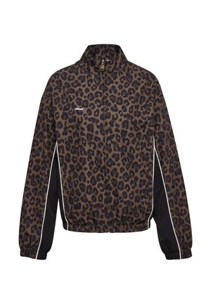 Leopardmönstrad zip-up jacka med svarta sidopaneler, elastiska muddar och fåll, samt liten vit logga på bröstet.