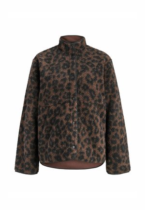 Fleecejacke mit Leopardenmuster in Braun und Schwarz, mit Stehkragen, durchgehenden Knöpfen vorne und zwei Seitentaschen. Weiche Textur.
