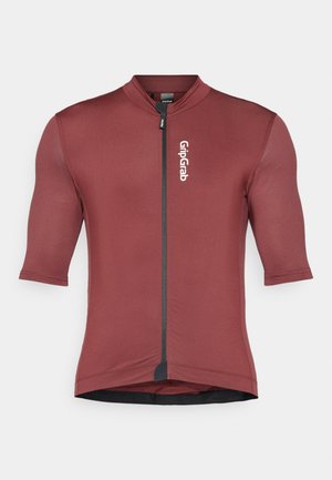 Bordowy, krótkosleeve'owy trykot rowerowy wykonany z elastycznego materiału, z zamkiem błyskawicznym z przodu i logo GripGrab na górnej lewej stronie.