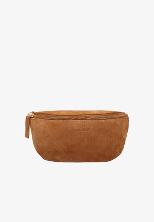 Braune Wildleder-Tasche mit goldenem Reißverschluss und kleinem Lederzieher, rechteckig mit abgerundeten Kanten.
