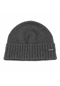 Gray knitted beanie hat with a ribbed brim, made from wool blend material, featuring a small metal logo tag on the side.
