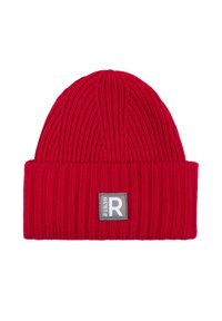 Red ribbed knit beanie with a folded cuff featuring a gray patch labeled "#1839 R" centered on the front.