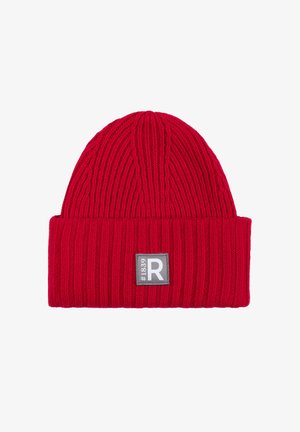 Red ribbed knit beanie with a folded cuff featuring a gray patch labeled "#1839 R" centered on the front.