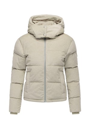 Giacca imbottita di un beige chiaro con superficie texturizzata, cappuccio e zip frontale. Presenta un design ampia e polsini elastici.