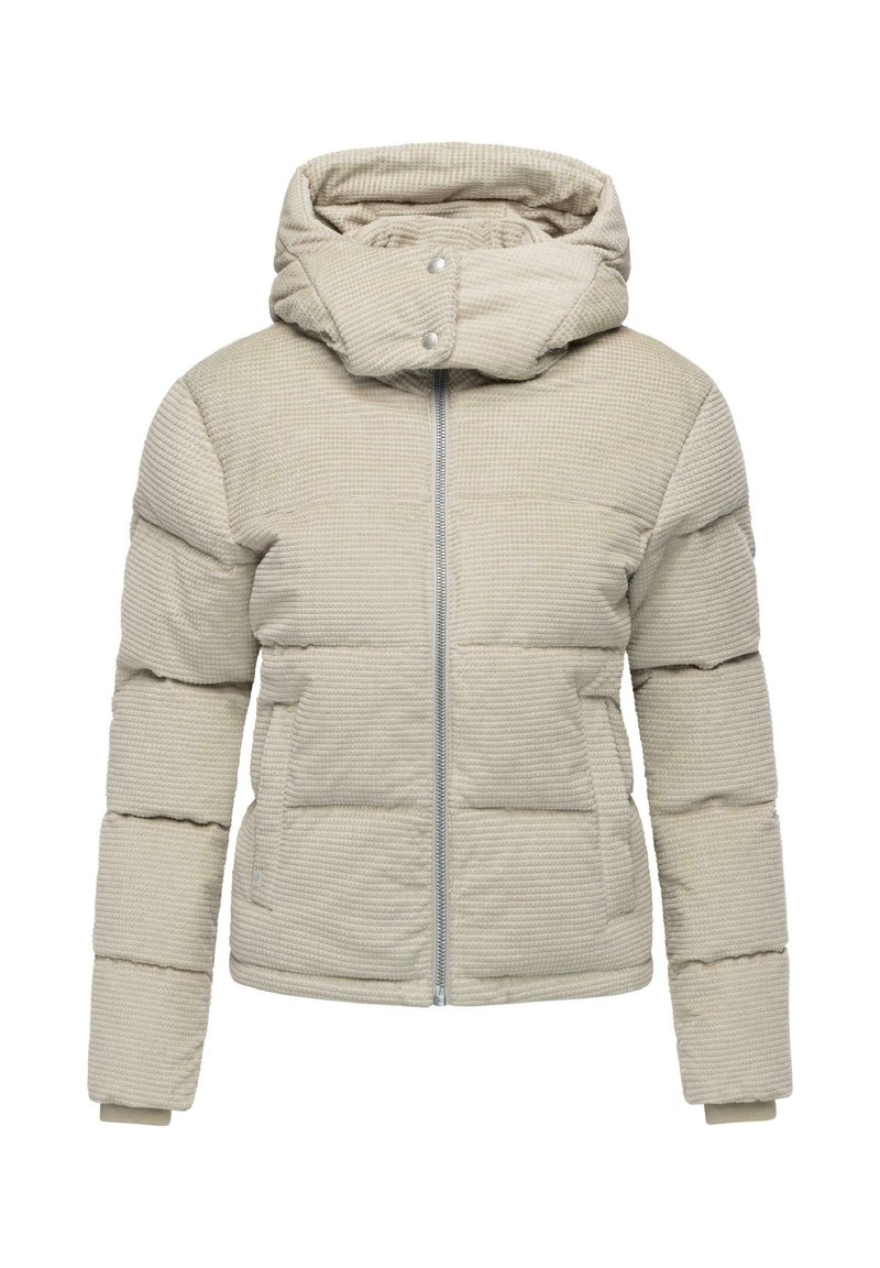 Polstret jakke i lys beige med en tekstureret overflade, hætte og frontlynlås. Har et firkantet design og elastiske manchetter.