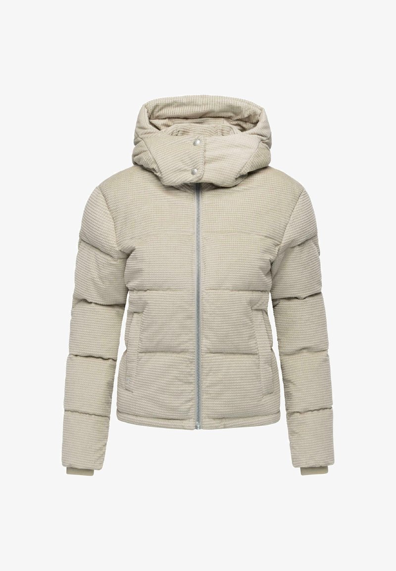 Padded jacket in light beige with a textured surface, hood, and front zipper. Features a boxy design and elastic cuffs.