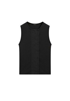 Mouwloos zwart topje met een ronde halslijn en een verticale rij kleine zwarte knopen aan de voorkant.